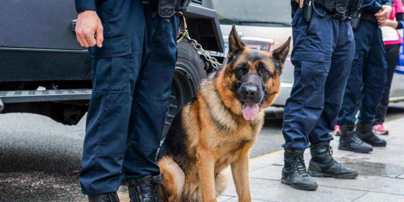 brown police dog-German shepherd with armed police on duty